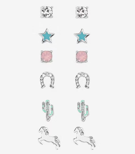 Western Crystal Silver Tone Star 6 Pair Earring Set by Bijoux Bar