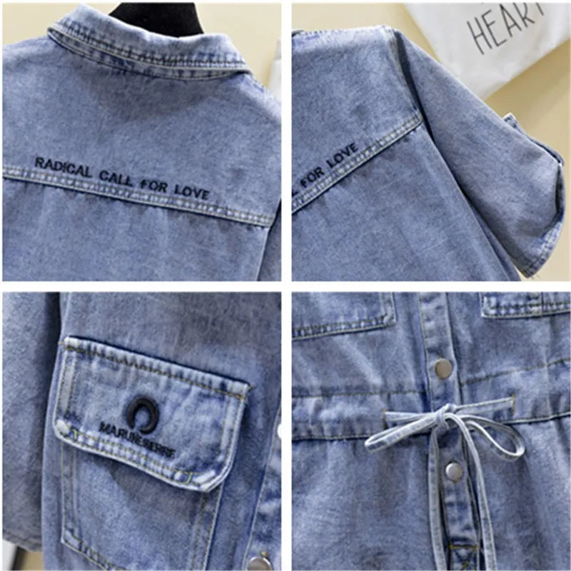 Vintage Short sleeve Jeans Dress Women's 2025 Spring Summer Waist Over the knee Denim Dress Female Buttons Casual Shirt Dresses