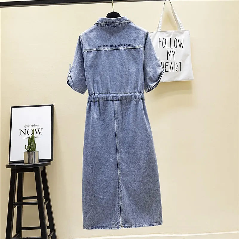 Vintage Short sleeve Jeans Dress Women's 2025 Spring Summer Waist Over the knee Denim Dress Female Buttons Casual Shirt Dresses