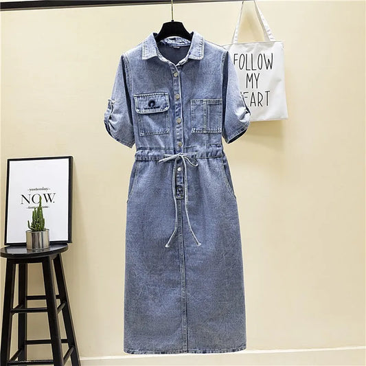 Vintage Short sleeve Jeans Dress Women's 2025 Spring Summer Waist Over the knee Denim Dress Female Buttons Casual Shirt Dresses