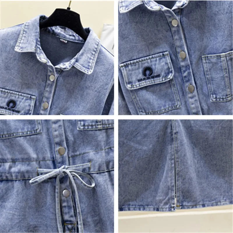 Vintage Short sleeve Jeans Dress Women's 2025 Spring Summer Waist Over the knee Denim Dress Female Buttons Casual Shirt Dresses
