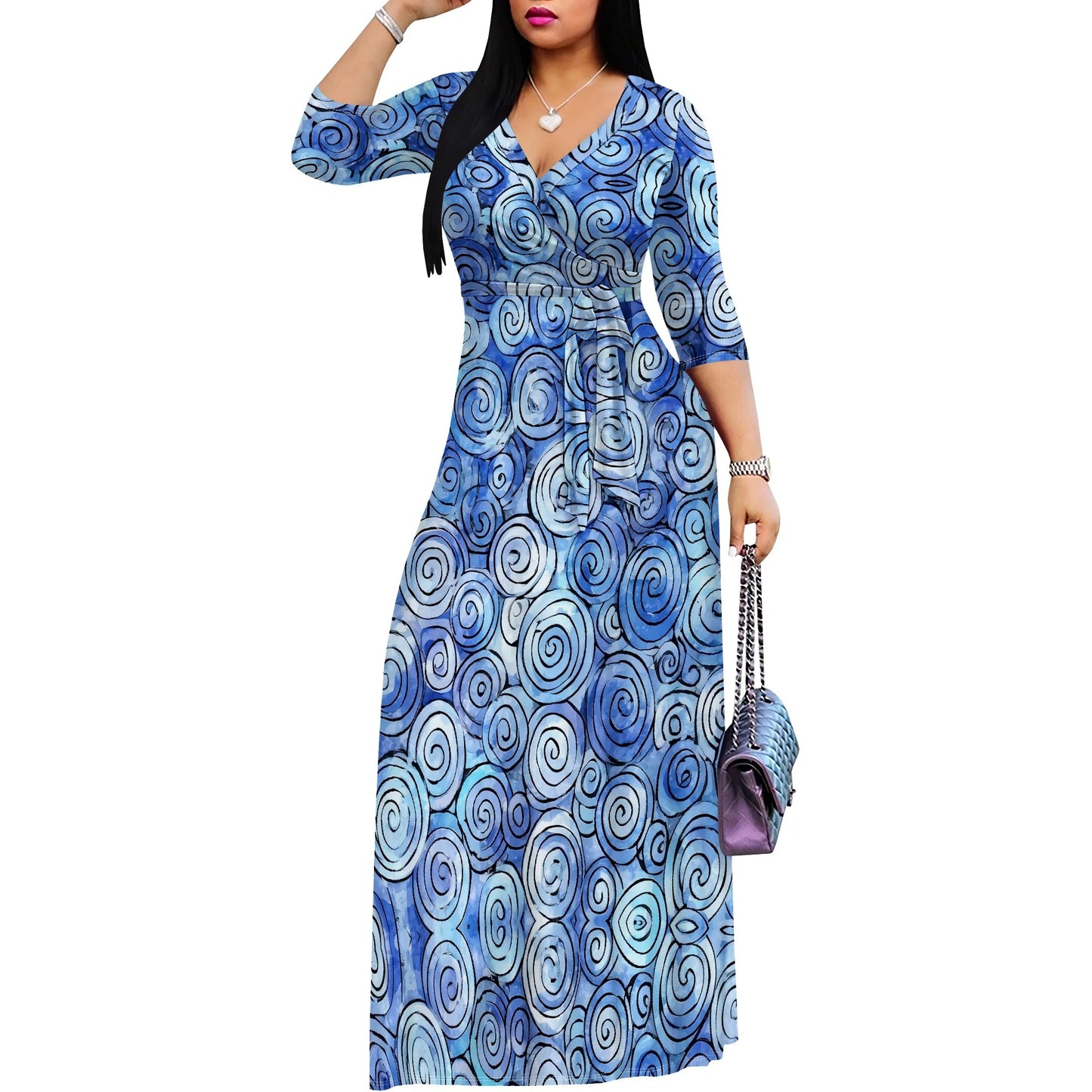Plaid Wrap Maxi Dress (S-3XL) – Elegant Brown & White Colorblock Dress for Fall, Casual Outings & Holidays