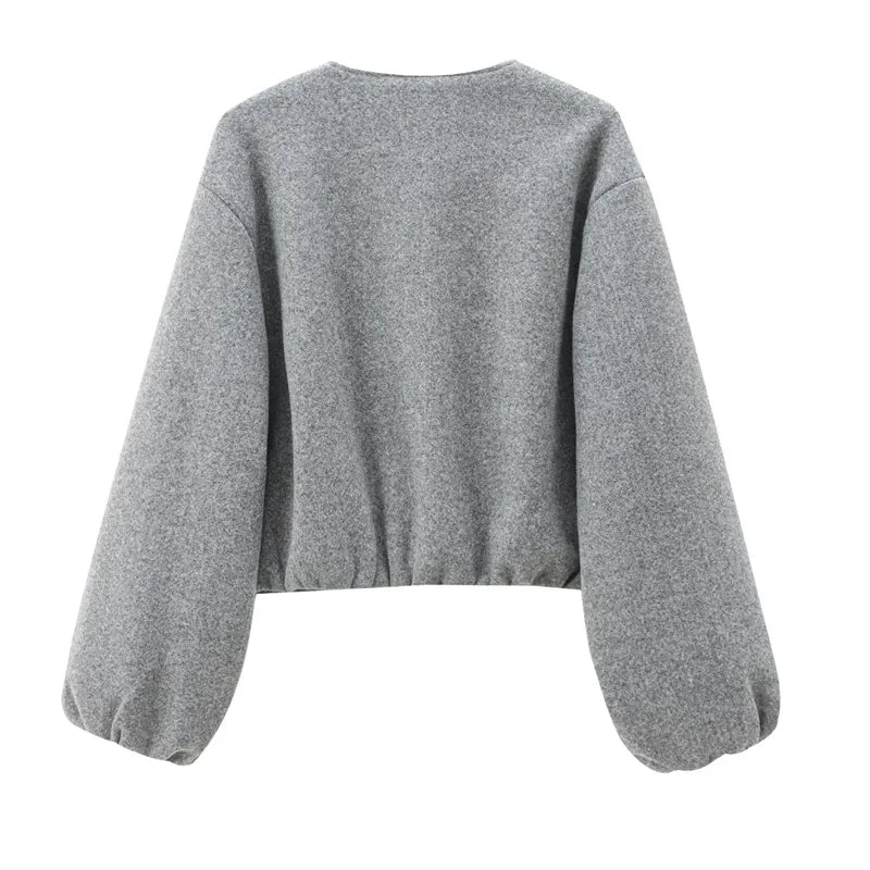 TRAF Outerwears Cropped Bomber Jacket Women Autumn Long Sleeve Faux Wool Coats For Woman Winter Zip Up Gray Beige Short Coats