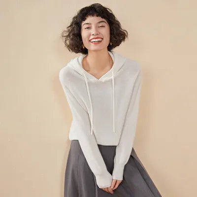Autumn and winter new women's sweater 100% pure cashmere knitted hooded collar pullover soft solid color hot selling women's top