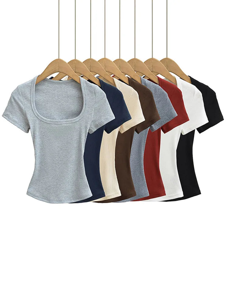 Women's Square Collar Slim Fit Crop Top High Stretch Short Sleeve Pullover Sexy Summer Blouse T-shirt Bottoming