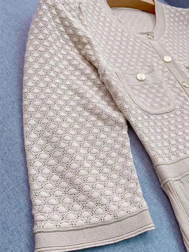 Spring Summer New Fashion Temperament Knitted Dress Women Elegant Hollow Out O-neck Single Breasted Long Robe Ladies