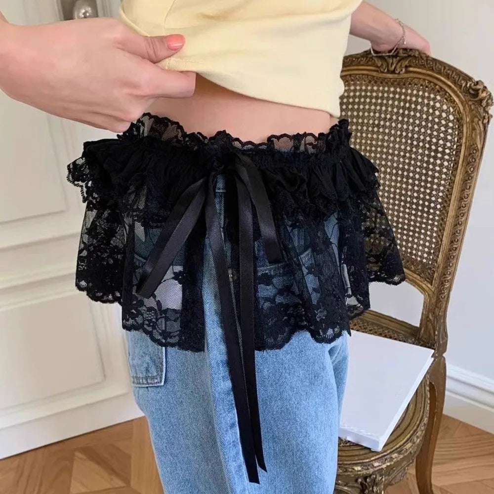 Polyester Embroidered Flower Lace Mini Skirt See Through Y2K Streetwear Ruched Skirts Harajuku Butt Curtain Jeans Decoration