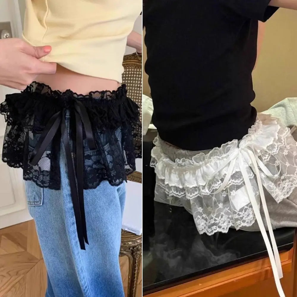 Polyester Embroidered Flower Lace Mini Skirt See Through Y2K Streetwear Ruched Skirts Harajuku Butt Curtain Jeans Decoration
