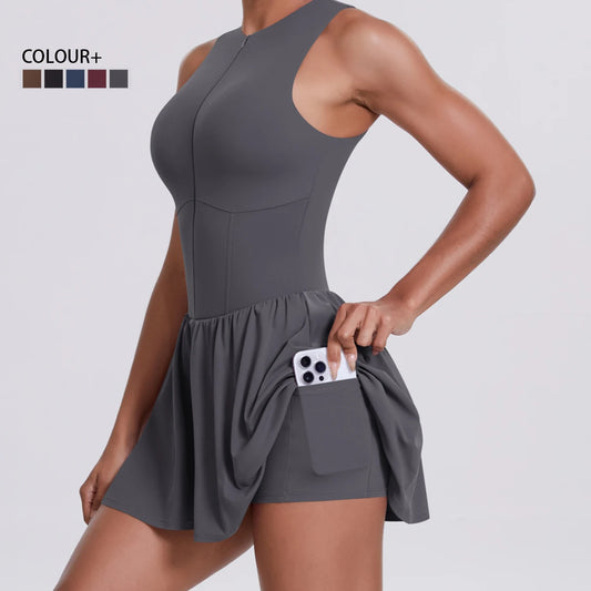 Women Front Zipper Tennis Dress Fake Two-piece Pieces Stand Up Collar Slim Fit Soft Sports Sets Fitness Pocket Skorts Yoga Suits