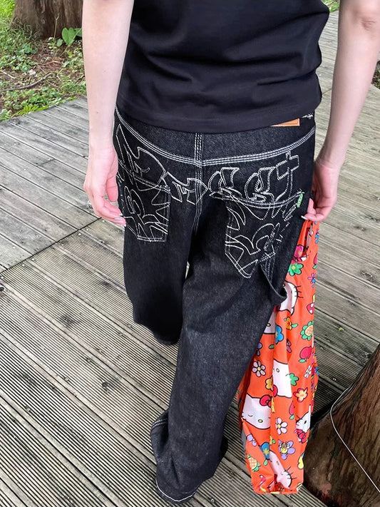 Y2k Embroidered Black Wide Leg Jeans Women American Retro Casual Loose Denim Pants Streetwear 2025 New High Waist Baggy Trousers