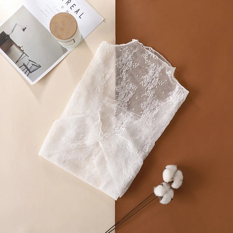 S-XL New Women Floral Lace Shirt Spring Autumn Long Sleeve Sexy Mesh Bottoming Shirts Mock Neck Blouse T-Shirt Pullover Top