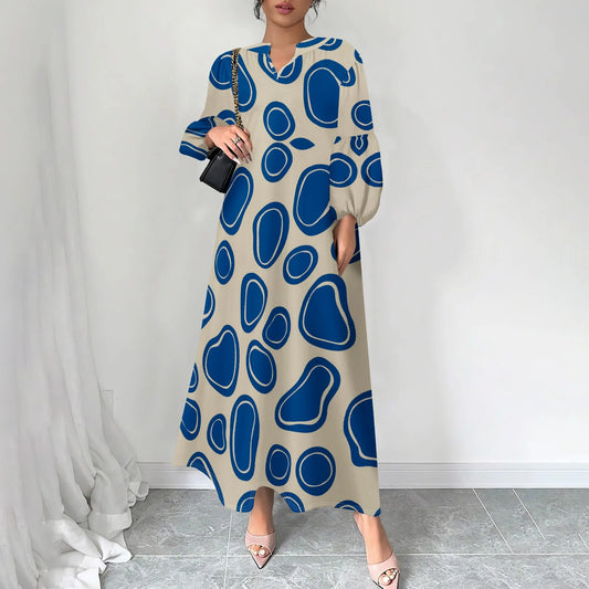 Plus Size Blue Abstract Print Long Dress for Women – Casual & Chic, Perfect for Spring Outings, Available in XS-3XL