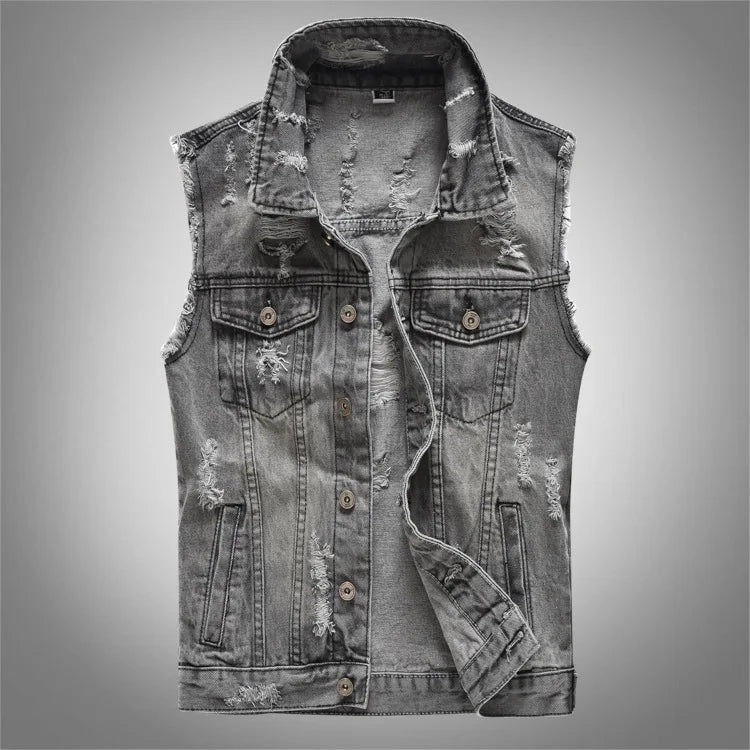 6XL Plus size new Spring/Fall Vintage design Men's denim vest Men's High quality sleeveless jacket Men's ripped jeans vest