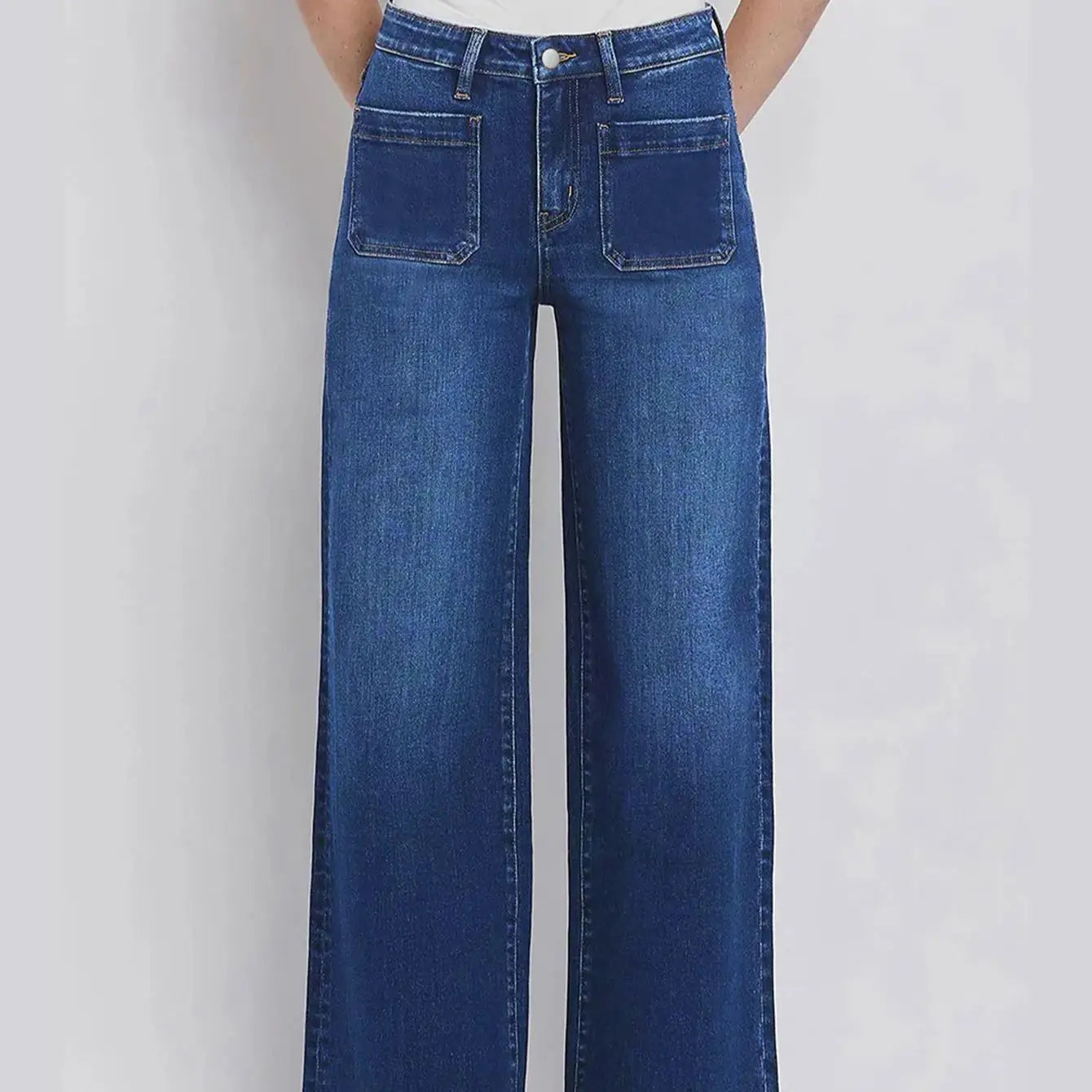 2025 New Summer Women's High Waist Wide Leg Jeans - Classic dark blue washed stretch jeans with button fly for an elegant style.