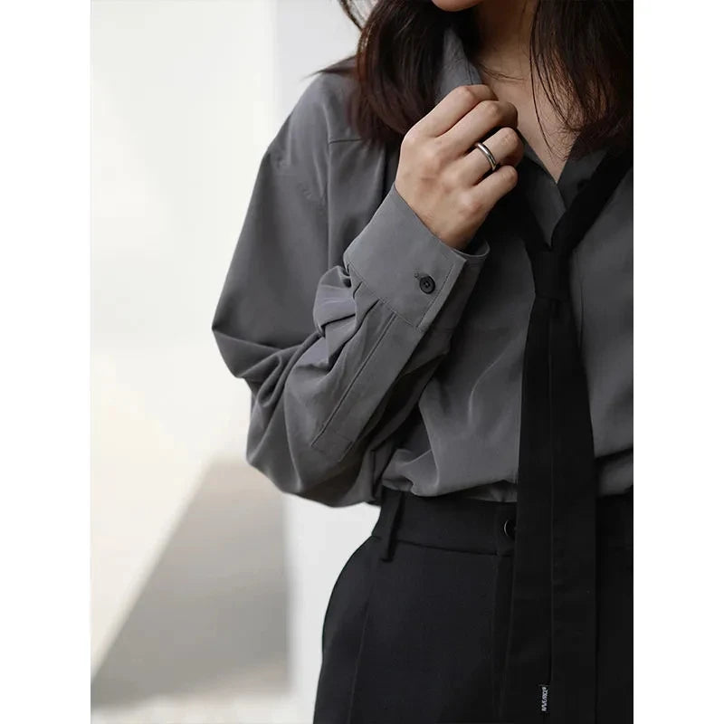 2025 Summer Minimalist Long Sleeve Button Up Shirt Women Korean Style Solid Tie Oversize Shirts Blouse Loose Clothes Autumn Tops