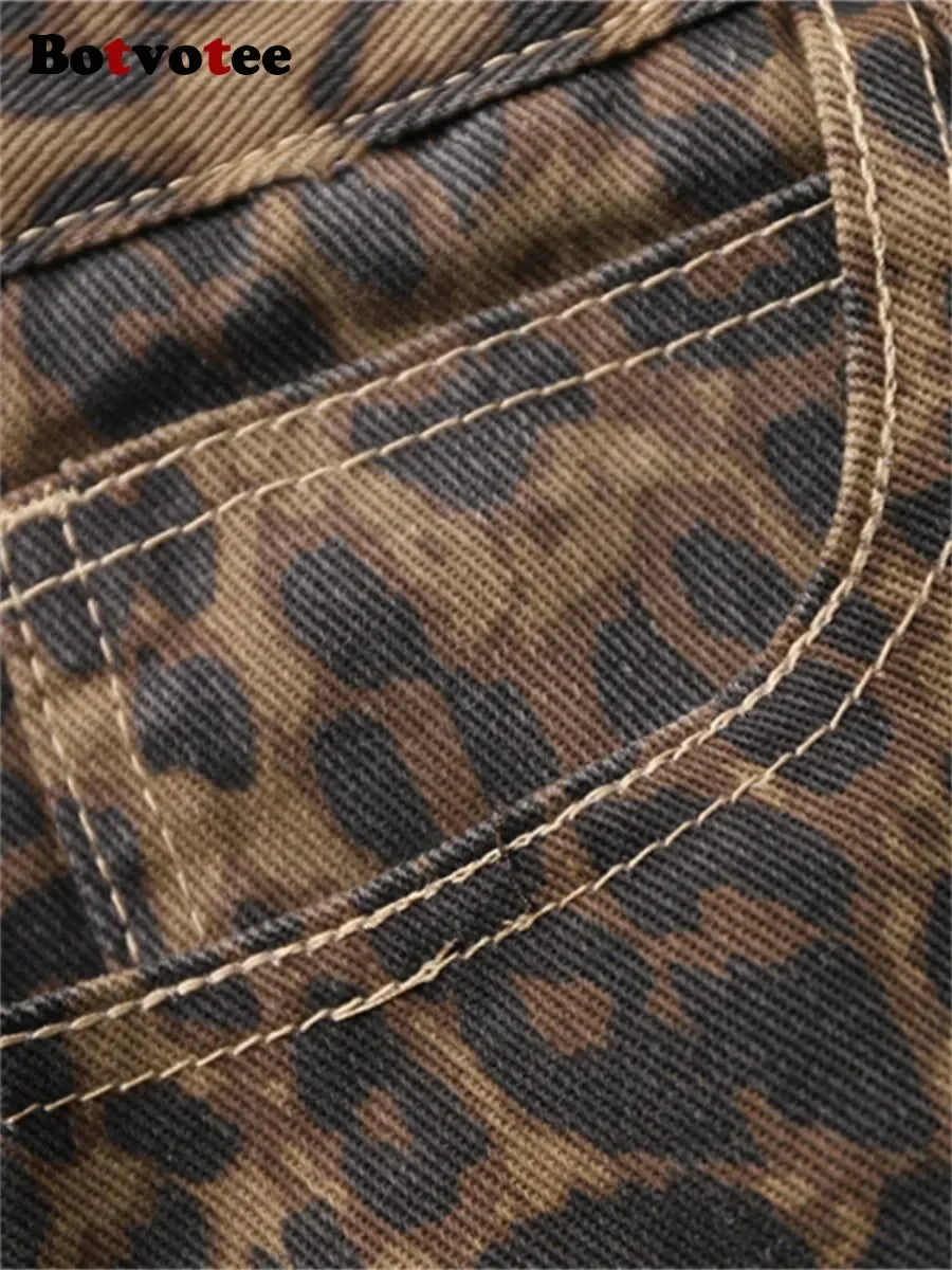 Botvotee High Waisted Leopard Print Jeans for Women Y2k Retro Streetwear Denim Pants Hip Hop Straight Wide Leg Baggy Jeans