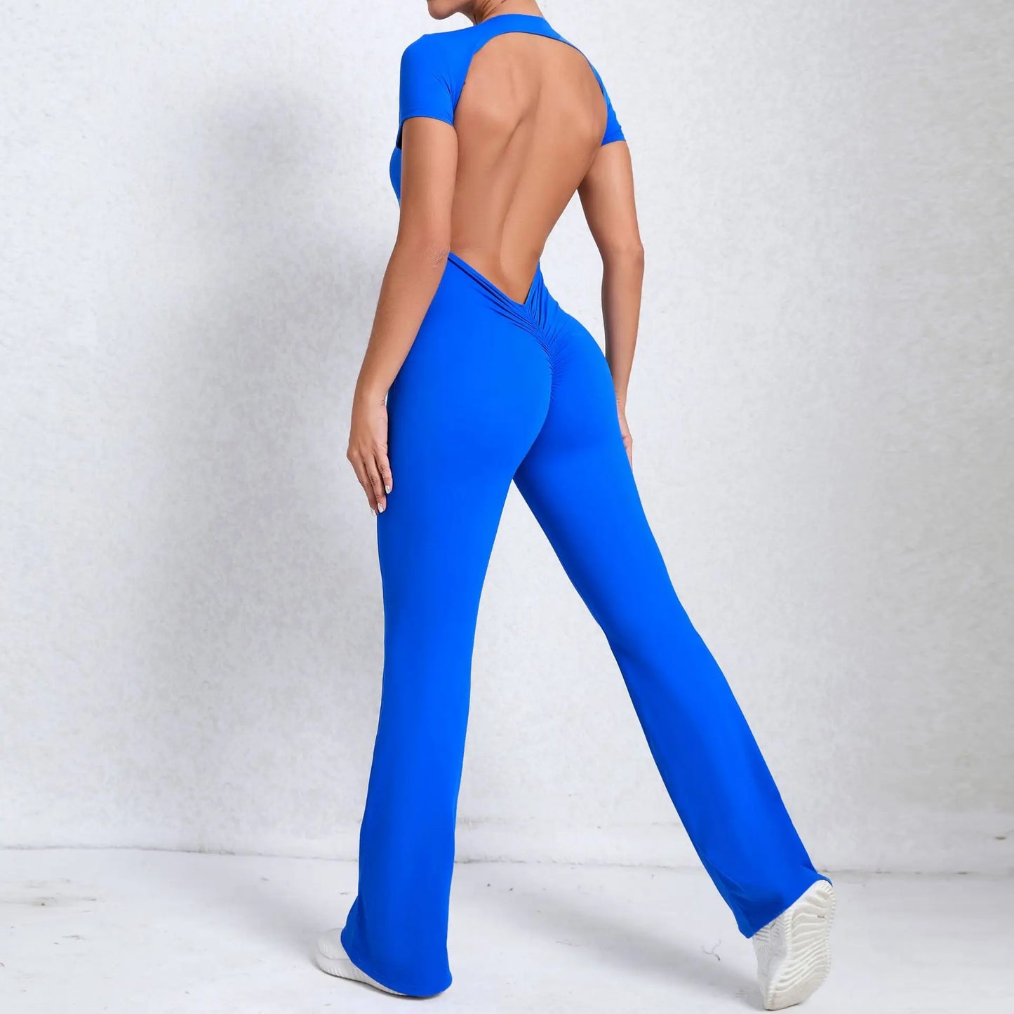 Women Short Sleeves Bodysuit Gym Set Yoga Clothes Suit Workout Jumpsuit Sport Set Women One-Piece Flared Pant Rompers Sportswear