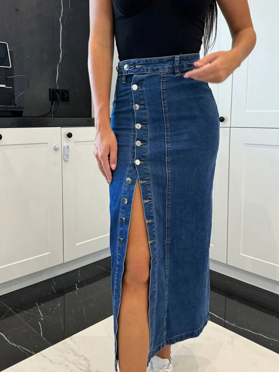Women's Denim Skirt Solid Color High Waist Oblique Button Up Split Long Skirt for Travel Party