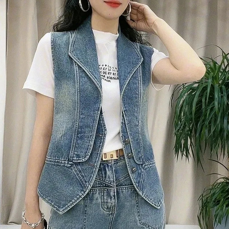 Women's Jacket Spring And Autumn 2025 New Fashion Sleeveless Versatile Ladies Denim Vest Coat Short Elegant Female Tank Top