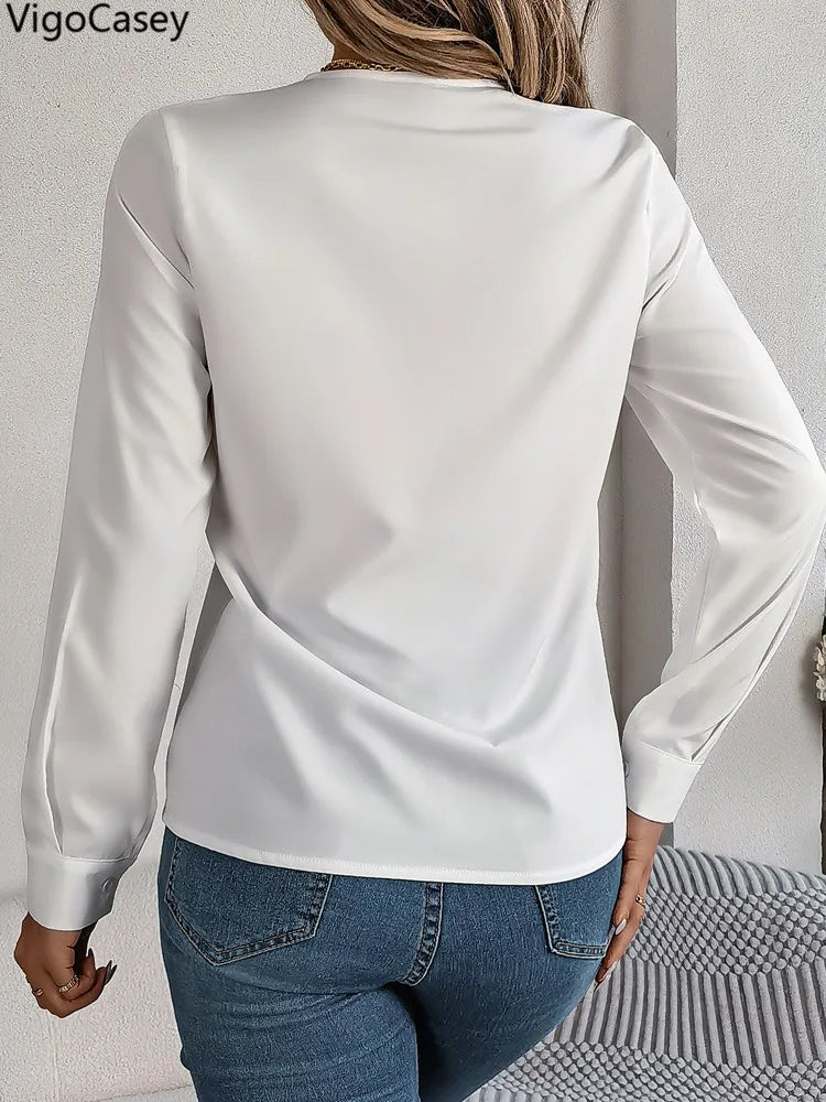 VigoCasey 2025 Spring White Long Sleeve T-shirt Elegant Women V Neck Solid Shirt Top Autumn Office Lady Pullover Tops Clothing