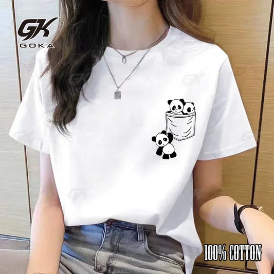 Women's Short Sleeved Top Summer New Pocket Panda Cartoon Printed T-shirt Korean Casual Women's Top Loose Round Neck T-shirt