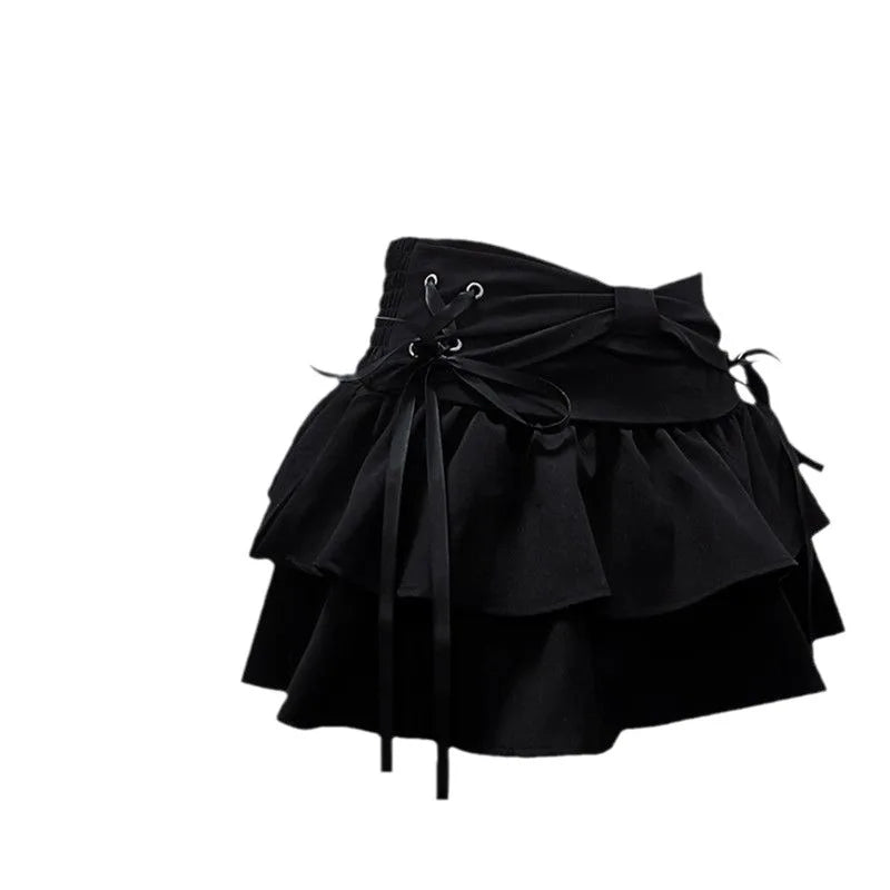 Blue Denim Pleated Skirt Bow Fold Design Women's A-line Short Skirt Built in Shorts American Spicy Girl Korean Fashion Hotsweet
