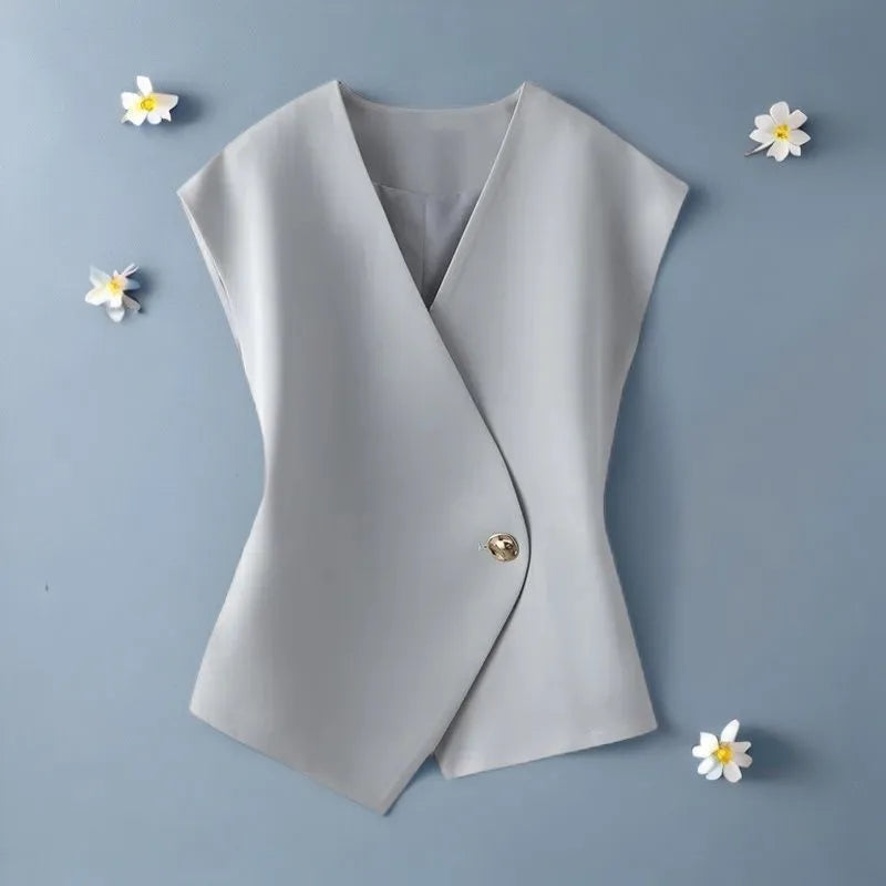 Women's High-end Solid Color V-neck Lining Suit Vest Coat Spring Autumn Slim Versatile Sleeveless Irregular Short Waistcoat