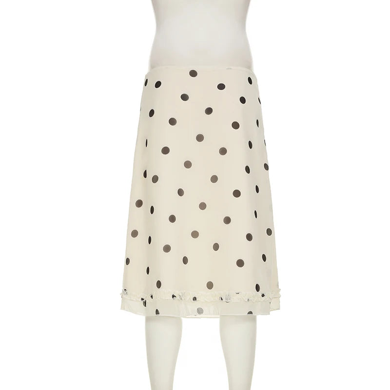 BIIKPIIK Casual Women Polka Dot Skirts Lettuce Trim Beige Elegant Midi Skirts Streetwear Simple All-match Bottom Clothing Spring