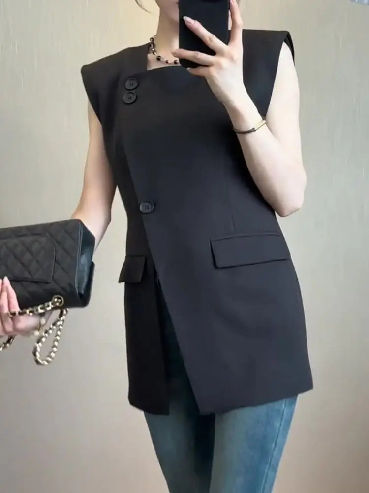 2025 European Black Suit Vest Summer Square Neck  Wide Shoulder Waistcoat Commuter Design Split Sleeveless Top femininas