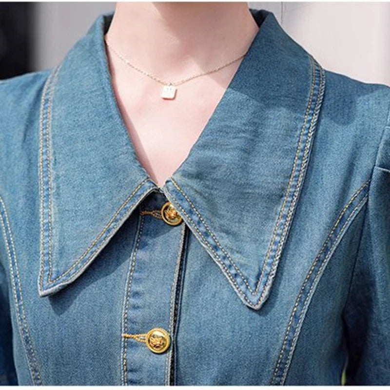 2025 Summer New Women's Denim Dress Solid Short Sleeve Korean Hot Fashion Jeans Dress Female Single-Breasted Long Cowgirl Dress