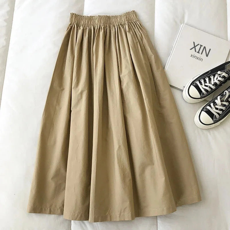 Women White Long Skirt Fashion Pockets Pleated Knee Length Skirts Autumn 2025 New Casual Elegant High Waist A Line Femme Skirts