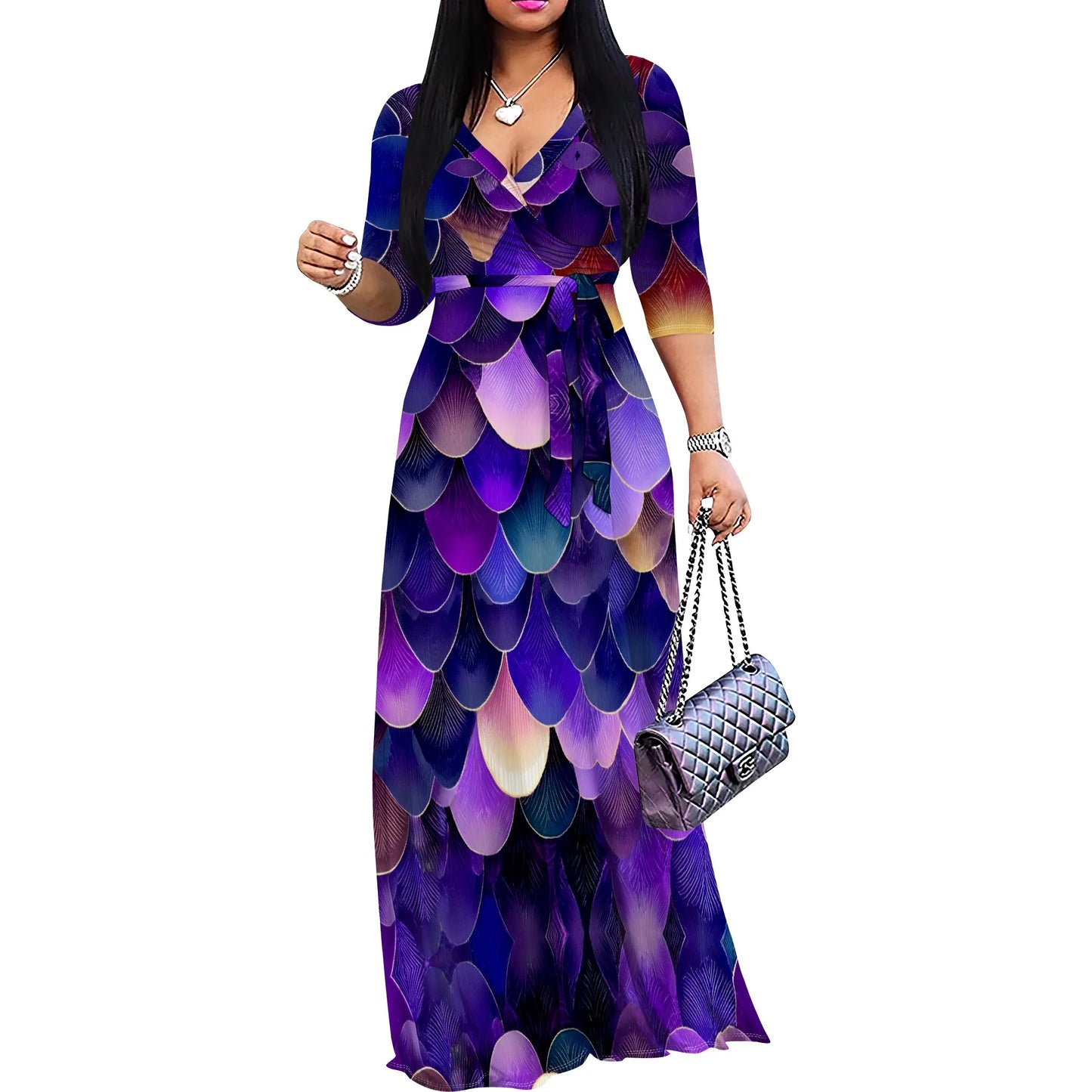 Black and White Abstract Print Wrap Maxi Dress S-3XL | Elegant V-Neck Dress for Parties, Dinners, and Casual Outings