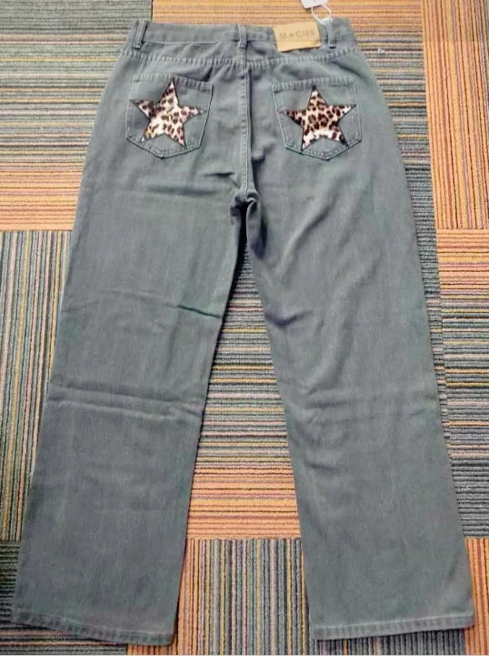 American Jeans Y2K Womens Harajuku Leopard Print Five Pointed Star Graphic Retro Blue Baggy Jeans Pants High Waist Slim Trousers