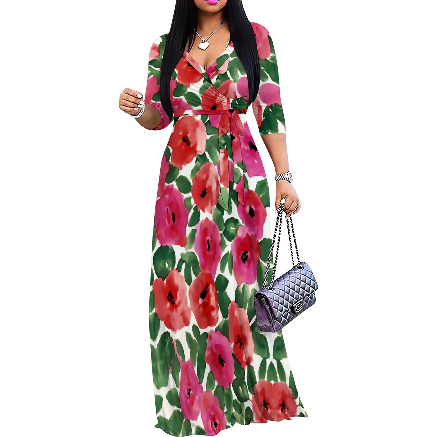 Floral Print Women's Wrap Maxi Dress 2025 New Arrival V-Neck Belted Casual Party Dress XS-3XL