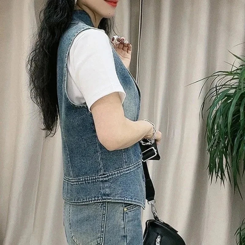 Women's Jacket Spring And Autumn 2025 New Fashion Sleeveless Versatile Ladies Denim Vest Coat Short Elegant Female Tank Top