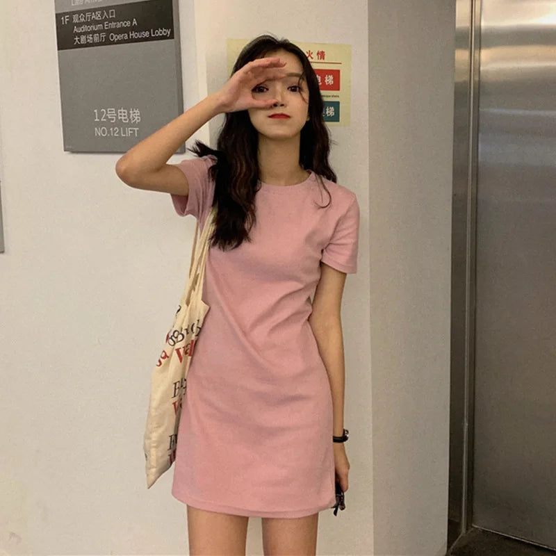 Summer Women T-shirt Dress Casual O-Neck Short Sleeve Solid Korean Slim Mini Vestidos CDPF-WYP-6624