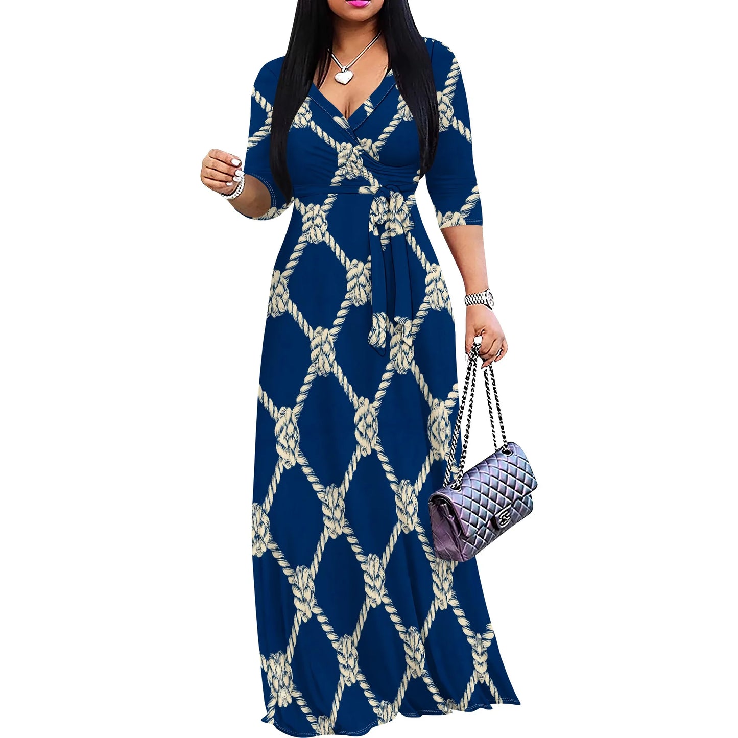 Plaid Wrap Maxi Dress (S-3XL) – Elegant Brown & White Colorblock Dress for Fall, Casual Outings & Holidays