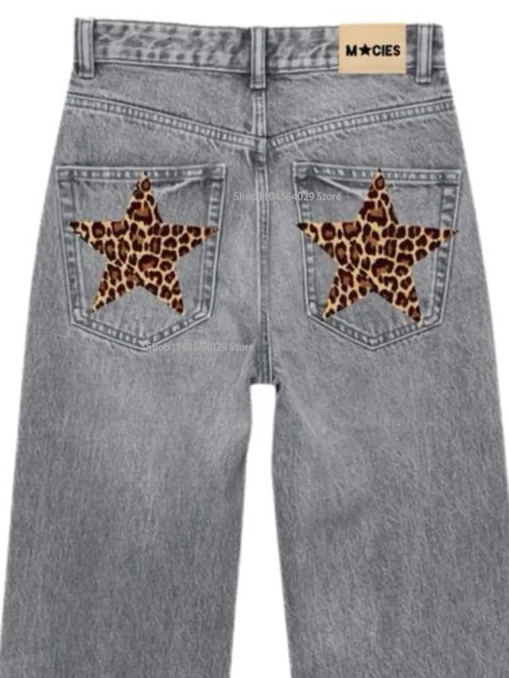 American Jeans Y2K Womens Harajuku Leopard Print Five Pointed Star Graphic Retro Blue Baggy Jeans Pants High Waist Slim Trousers