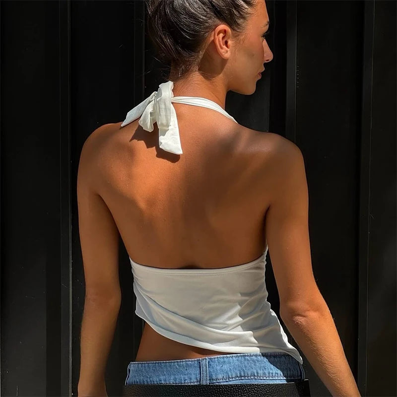 WhereMery Casual Solid Women Halter Crop Top Y2K Elegant V neck Sleeveless Fold Summer Tees Formal Streetwear Sporty Female Vest