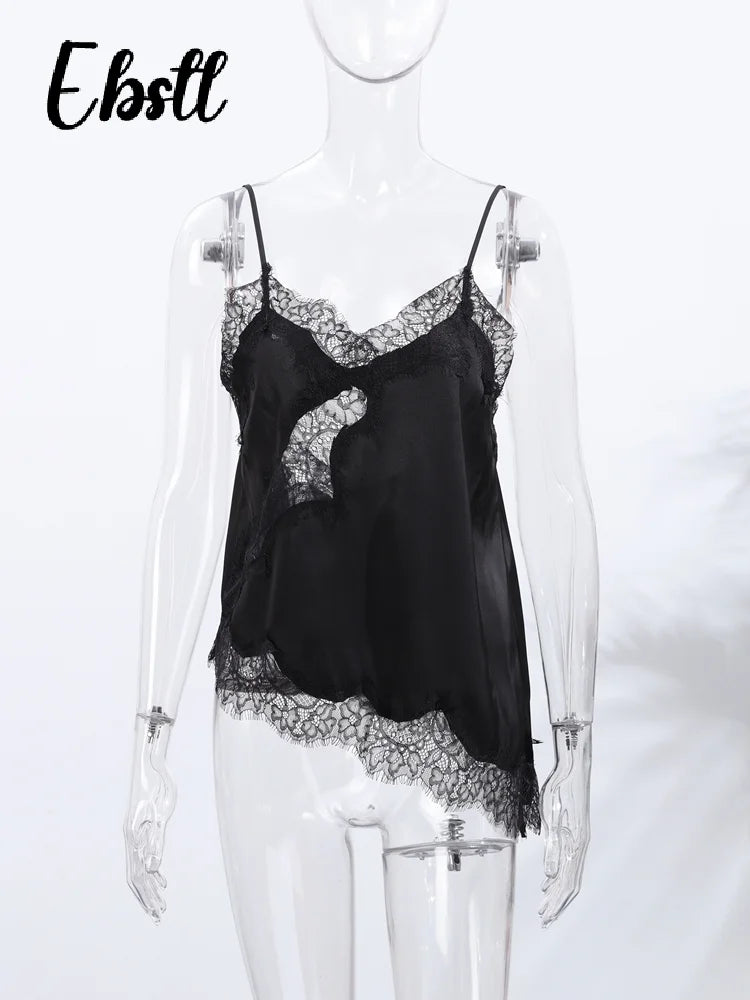 Slim Lace Patchwork Sling Vest Women Sexy See-through V Neck Backless Sleeveless Tank Top 2025 Autumn New Lady Solid Streetwear