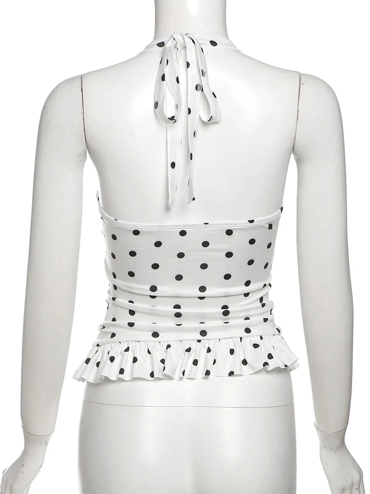 Weird Puss Polka Dot Print Top Women Halter Low-Neck Bandage Ruffles Backless Sleeveless Skinny Summer Trend Street Basic Vest