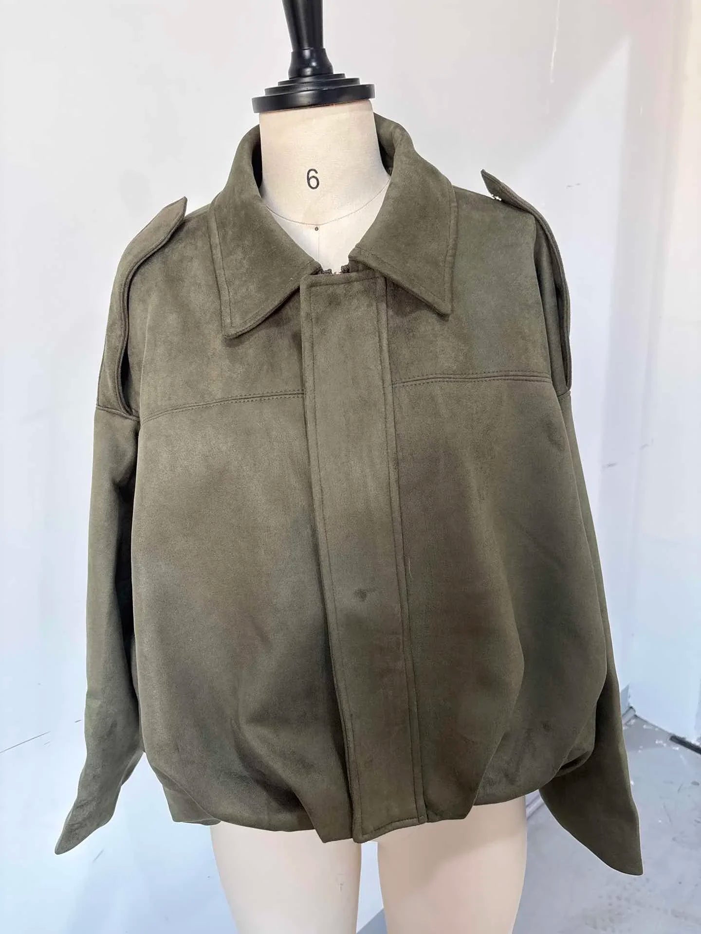 Street Fashion Women's Short Suede Jacket Loose Green Lapel Zipper Long Sleeve Bomber Coat 2025 Autumn Winter New Lady Outwears