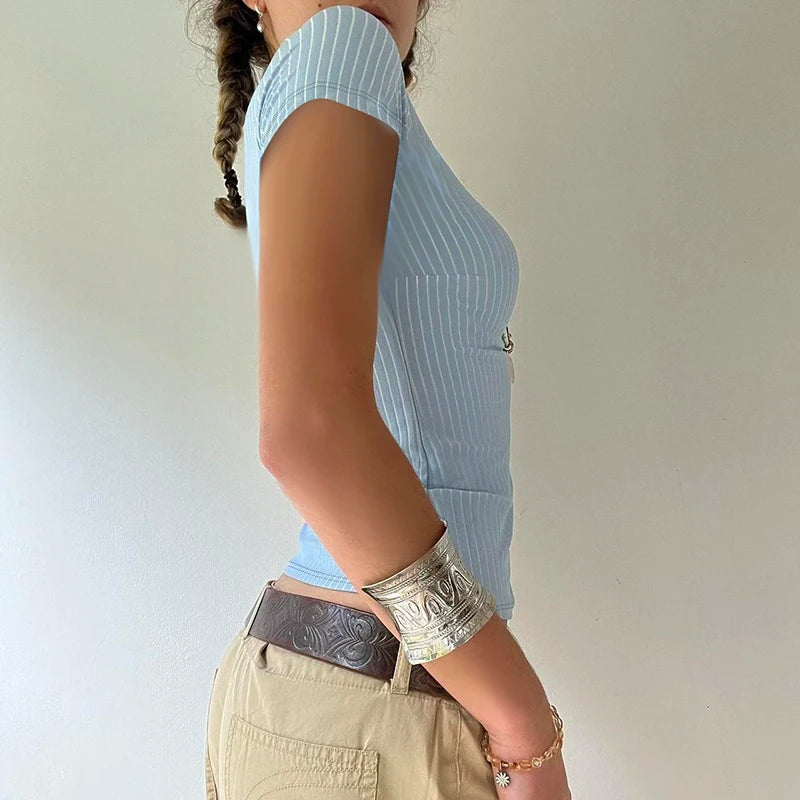 Cuteandpsycho Streetwear Button Up Tee Shirts Striped Print Short Sleeves Women's Clothings Fashion Y2K Cute Harajuku Y2K Tops