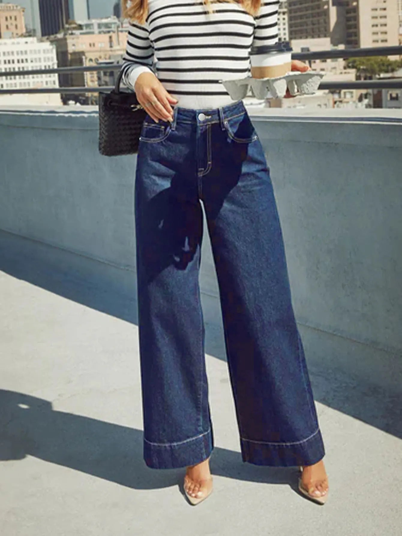 2025 New Summer Women's High Waist Wide Leg Jeans - Classic dark blue washed stretch jeans with button fly for an elegant style.