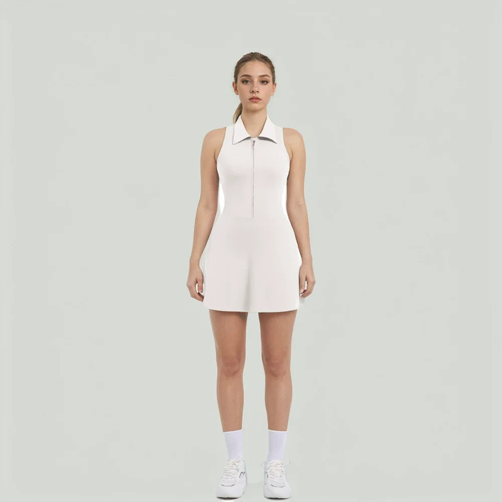 Lapel With Zipper Yoga One-Piece Tennis Dress Slimming High-Waisted Anti-Glare Sportswear Fitness One-Piece Dress