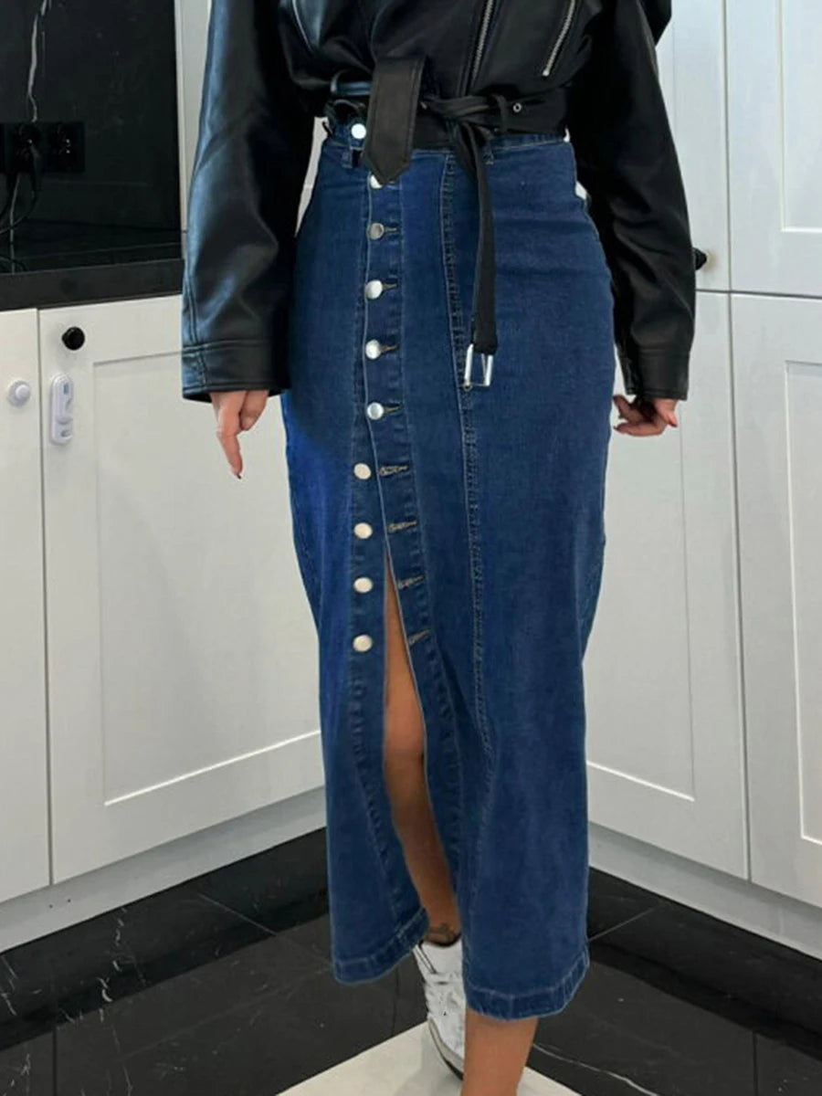 Women's Denim Skirt Solid Color High Waist Oblique Button Up Split Long Skirt for Travel Party