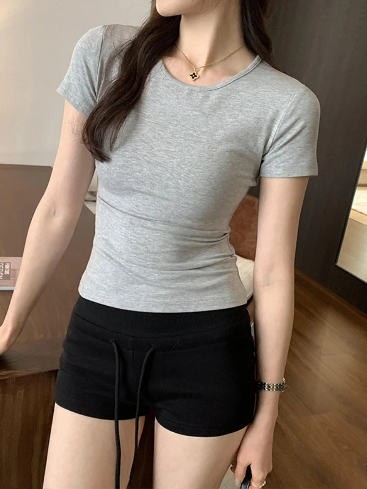 2025 O Neck Solid T Shirt For Women Basic T-shirts Female Casual Tops Long Sleeve Sexy Slim Tees Korean Style Womens Clothing