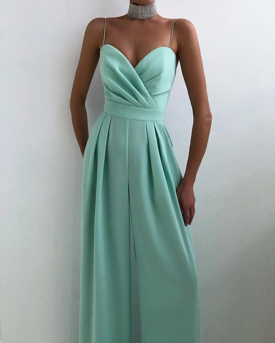 Chic Spaghetti Straps Wide Leg Pants Jumpsuits Elegant Fashion Women Ladies V-Neck High Waist Long Rompers Sleeveless Suit