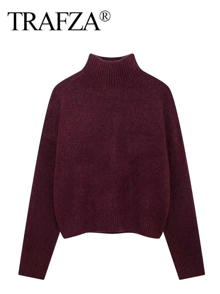 TRAFZA Women Vintage Burgundy Turtleneck Sweater Casual Long Sleeve Knitted Pullover Autumn Winter Women Solid Warm Knitwear