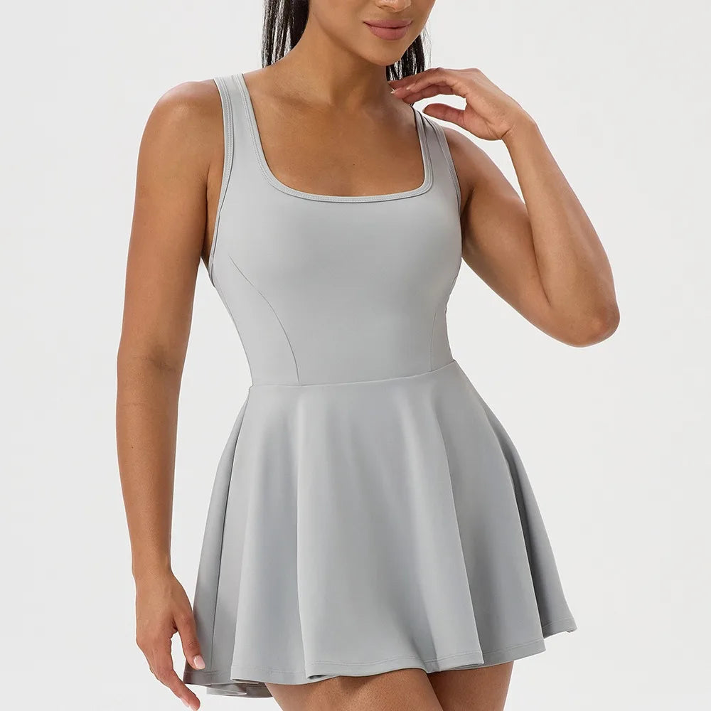 Women Summer Tennis Dress Breathable Quick-Dry Workout Dress Outdoor Sports Skirt Gym Yoga Short Dress Casual Athletic Skirt